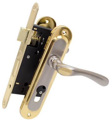 Комплект для входной двери Bruno (ручка на планке 55910К6+замок 968-45 без цилиндра) мат никель /золото (36760) 36760 фото
