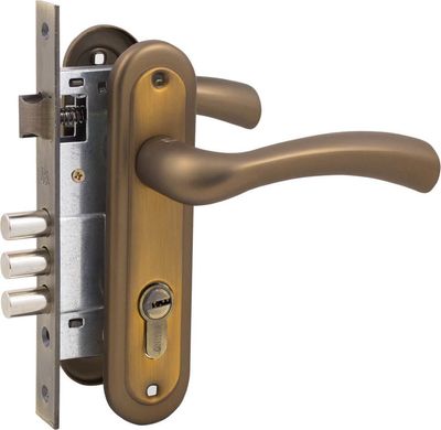 Комплект для вхідних дверей RDA Siena (ручка на планці Siena під ключ + замок 1025 + циліндр 60мм + 3 ключа) кави (36114) 36114 фото