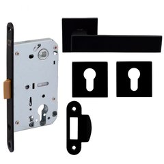 Комплект для межкомнатной двери в блистере Comit: Ручка на розетте Kubic А + дверные накладки под ключ + механизм под цилиндр, черный (59091) 59091 фото