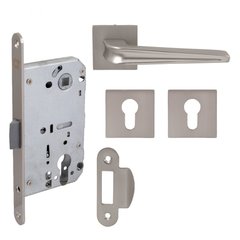 Комплект для межкомнатной двери в блистере Comit: Ручка на розетте Garda А + дверные накладки под ключ + механизм под цилиндр, браш. матовый никель (58486) 58486 фото